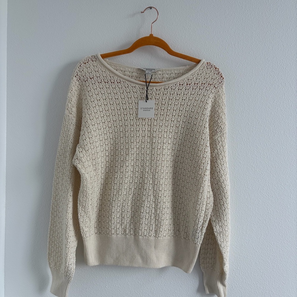 Womens Large Cream Cotton Crochet Open Knit Sweater Boho Long Sleeve Relaxed